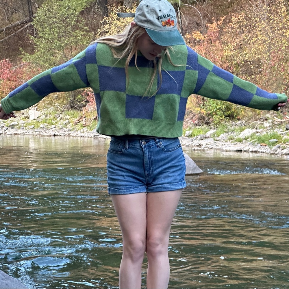 La Hearts Blue and Green Checkered Sweater